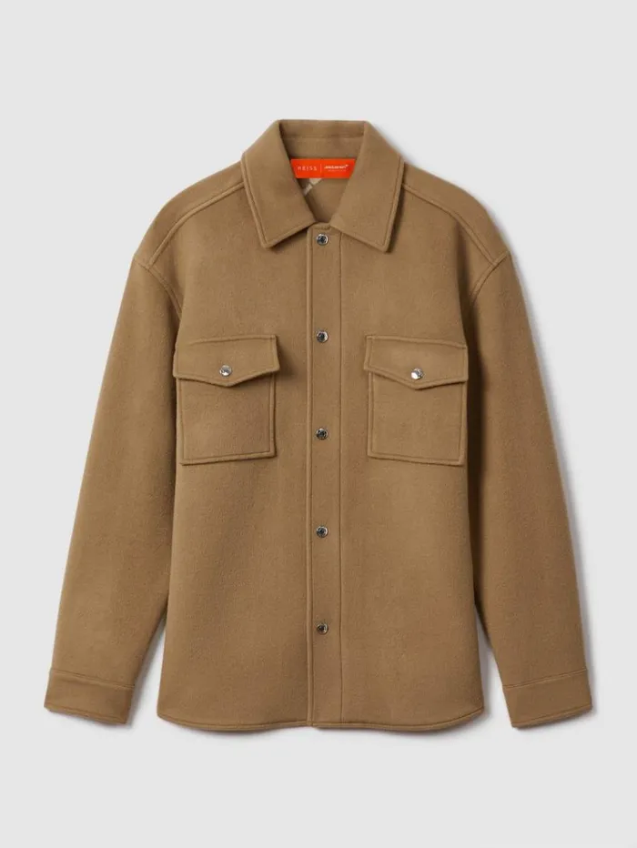 REISS Shirts Men McLaren F1 Wool Blend Twin Pocket Overshirt Camel