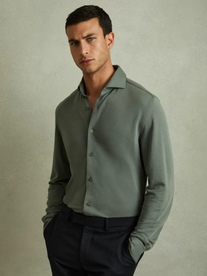 REISS Shirts Men Modal Blend Cutaway Collar Shirt Green Smoke