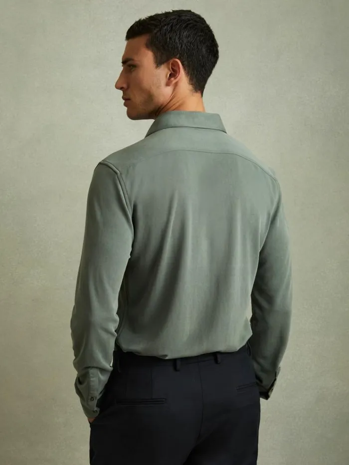 REISS Shirts Men Modal Blend Cutaway Collar Shirt Green Smoke