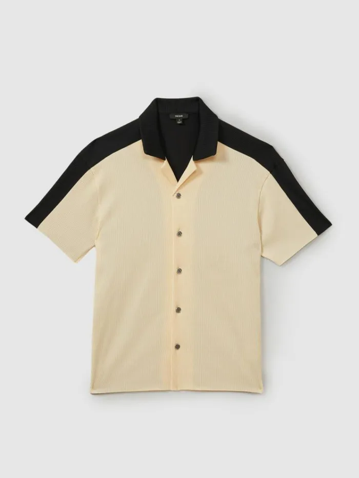 REISS Shirts Men Oversized Plisse Cuban Collar Shirt Off Whitenavy