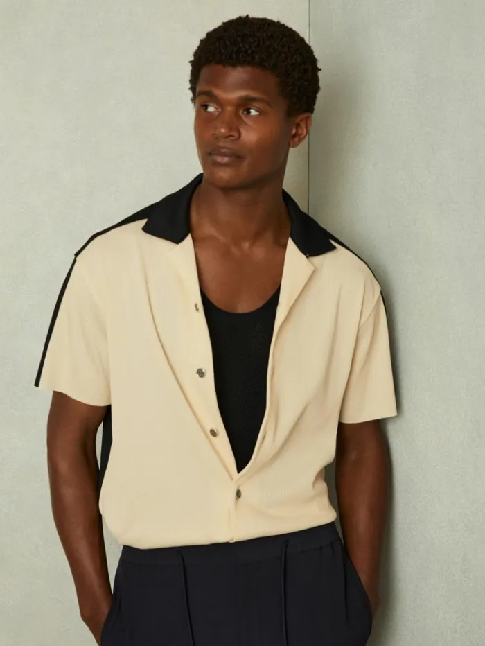 REISS Shirts Men Oversized Plisse Cuban Collar Shirt Off Whitenavy