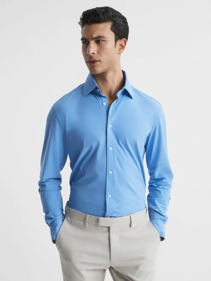 REISS Shirts Men Slim Fit ButtonThrough Travel Shirt Soft Blue