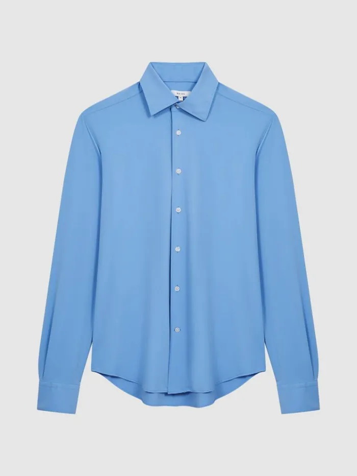 REISS Shirts Men Slim Fit ButtonThrough Travel Shirt Soft Blue