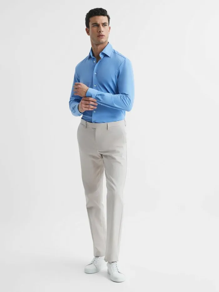 REISS Shirts Men Slim Fit ButtonThrough Travel Shirt Soft Blue