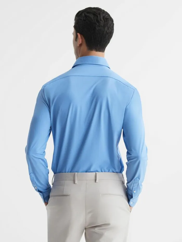 REISS Shirts Men Slim Fit ButtonThrough Travel Shirt Soft Blue