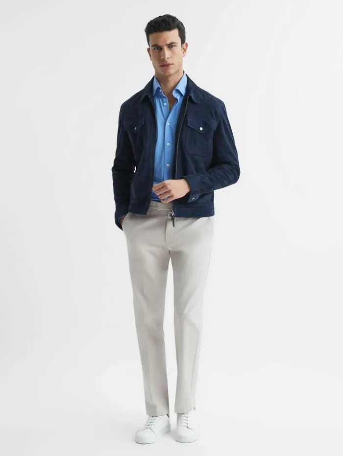 REISS Shirts Men Slim Fit ButtonThrough Travel Shirt Soft Blue