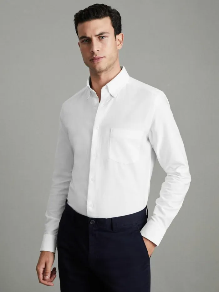 REISS Shirts Men Slim Fit Cotton Oxford Shirt White