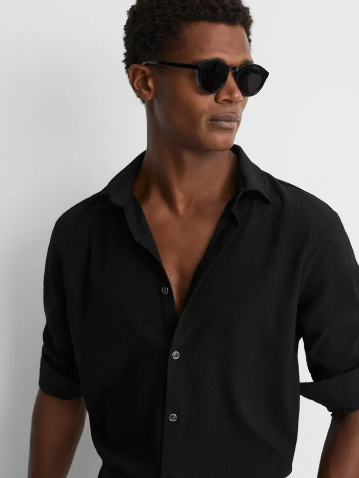 REISS Shirts Men Textured ButtonThrough Shirt Black