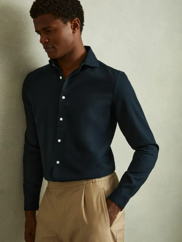 REISS Shirts Men Textured Garment Dyed ButtonThrough Shirt Indigo Blue