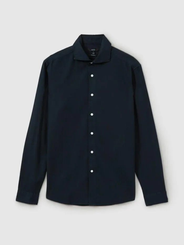 REISS Shirts Men Textured Garment Dyed ButtonThrough Shirt Indigo Blue