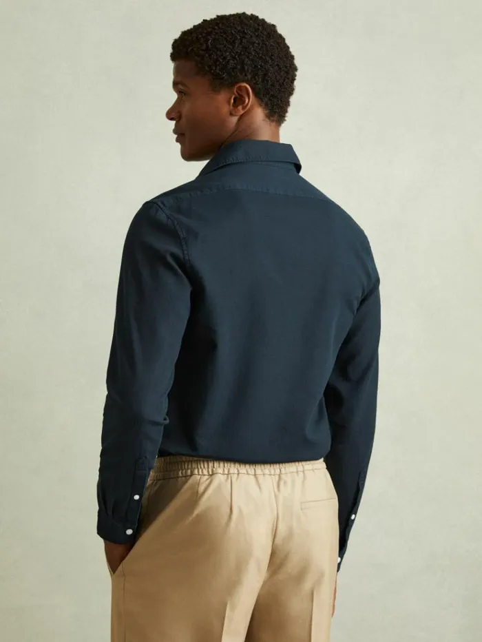 REISS Shirts Men Textured Garment Dyed ButtonThrough Shirt Indigo Blue