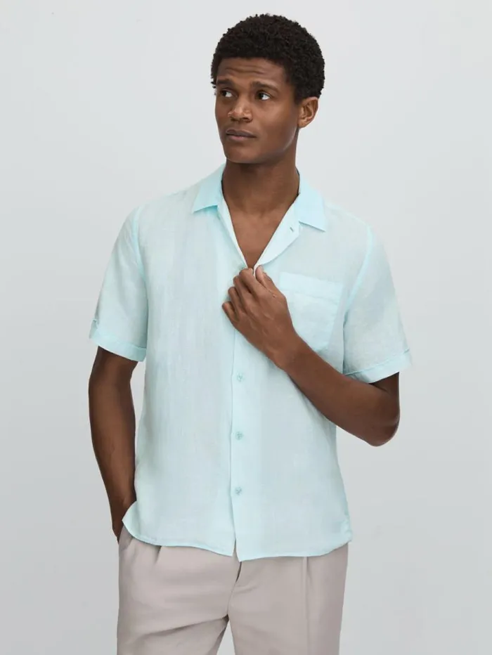 REISS Shirts Men Vilebrequin Linen Shirt Thalassa Blue Print