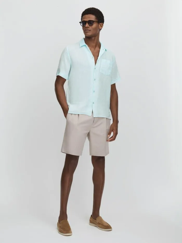 REISS Shirts Men Vilebrequin Linen Shirt Thalassa Blue Print