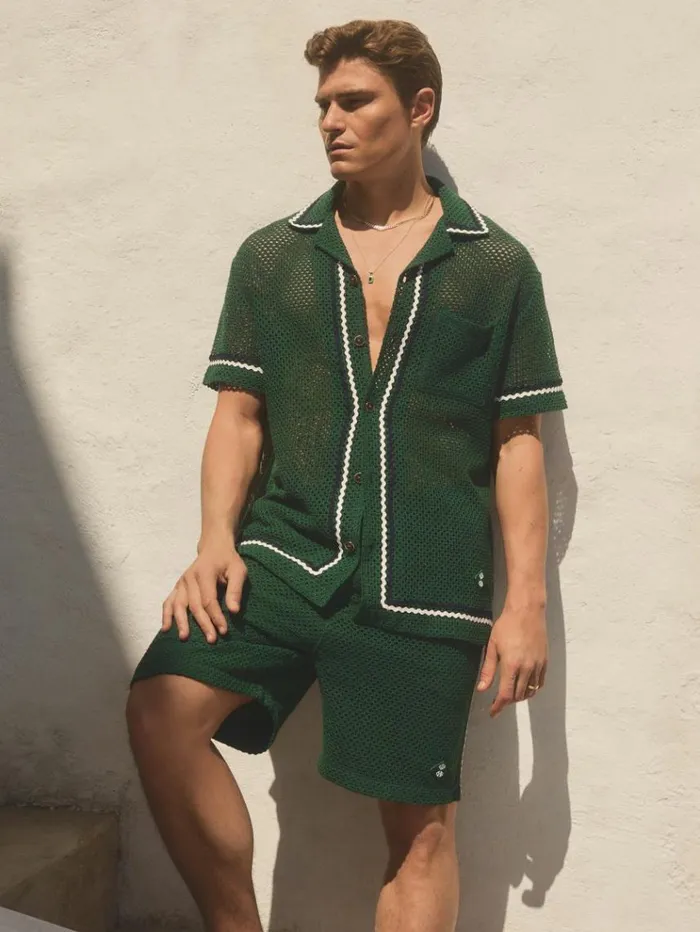 REISS Shorts Men Ch Crochet Contrast Trim Drawstring Shorts Dark Green