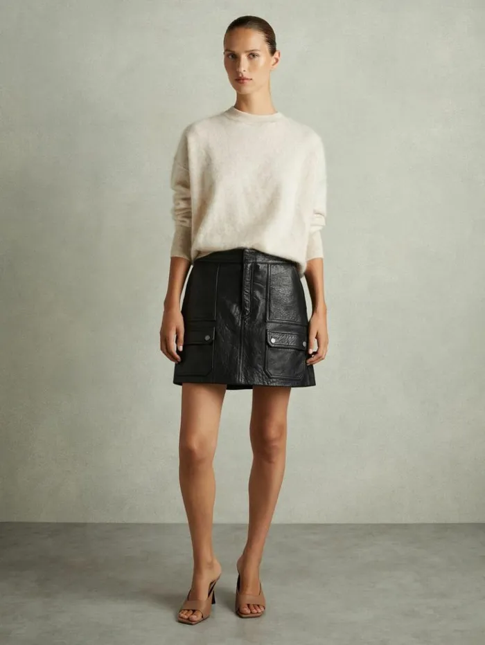 REISS Skirts Women GrainedLeather HighRise Mini Skirt Black