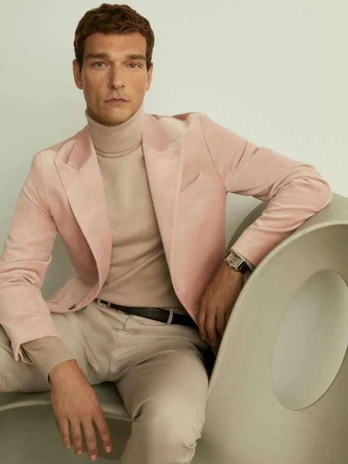 REISS Suits and Tailoring Men Cotton Blend Velvet Blazer Porcelain Pink