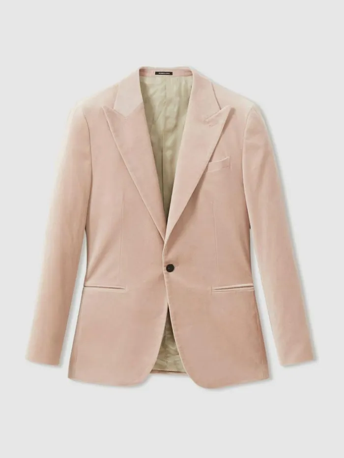 REISS Suits and Tailoring Men Cotton Blend Velvet Blazer Porcelain Pink