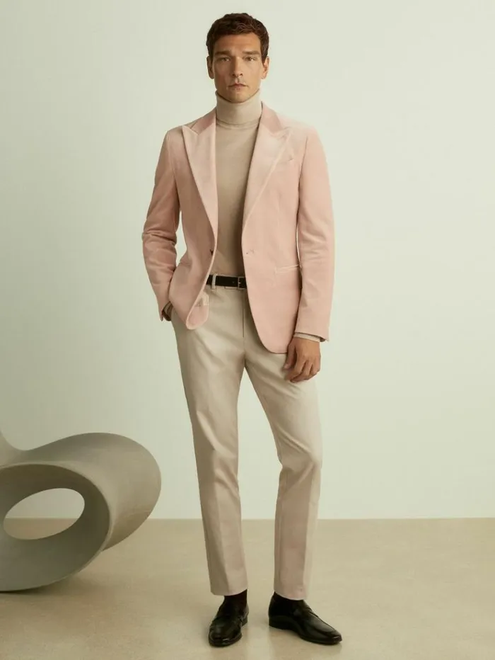 REISS Suits and Tailoring Men Cotton Blend Velvet Blazer Porcelain Pink