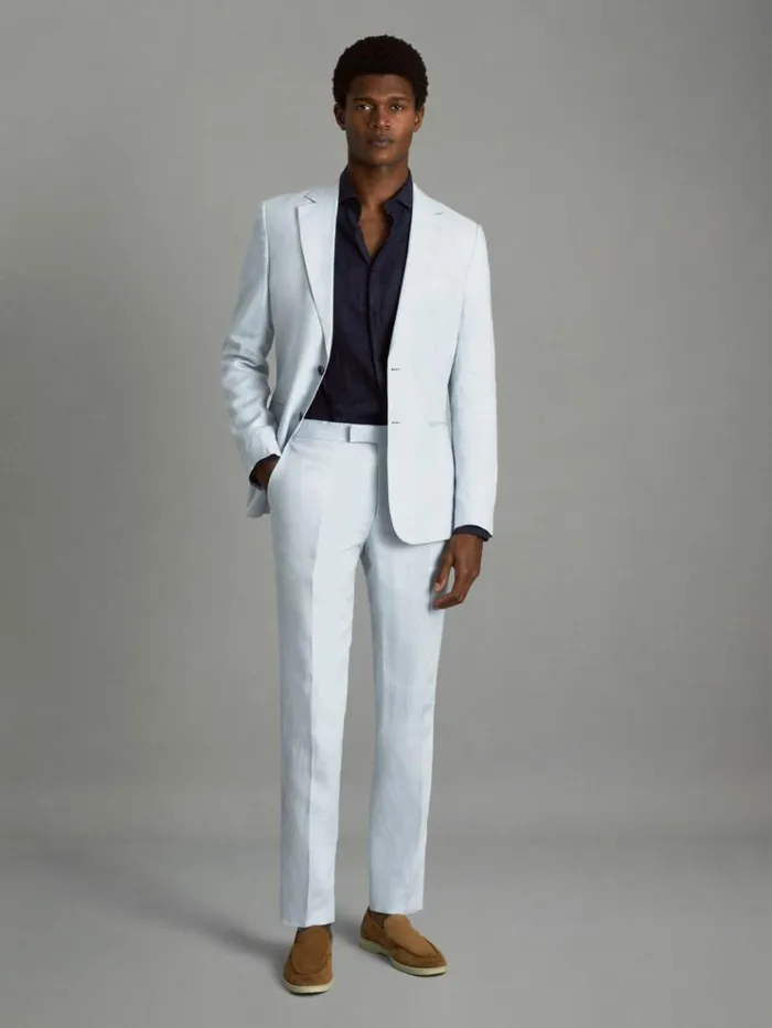 REISS Suits and Tailoring Men Slim Fit Linen Adjuster Trousers Soft Blue