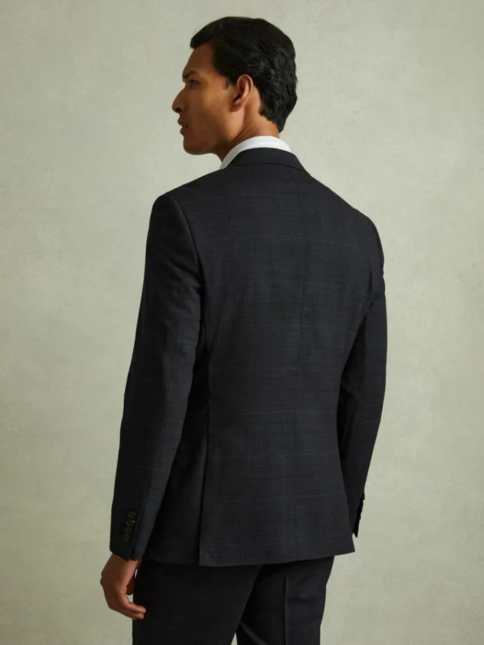 REISS Suits and Tailoring Men Wool Blend Prince Of Wales Check Single Breasted Blazer Navy