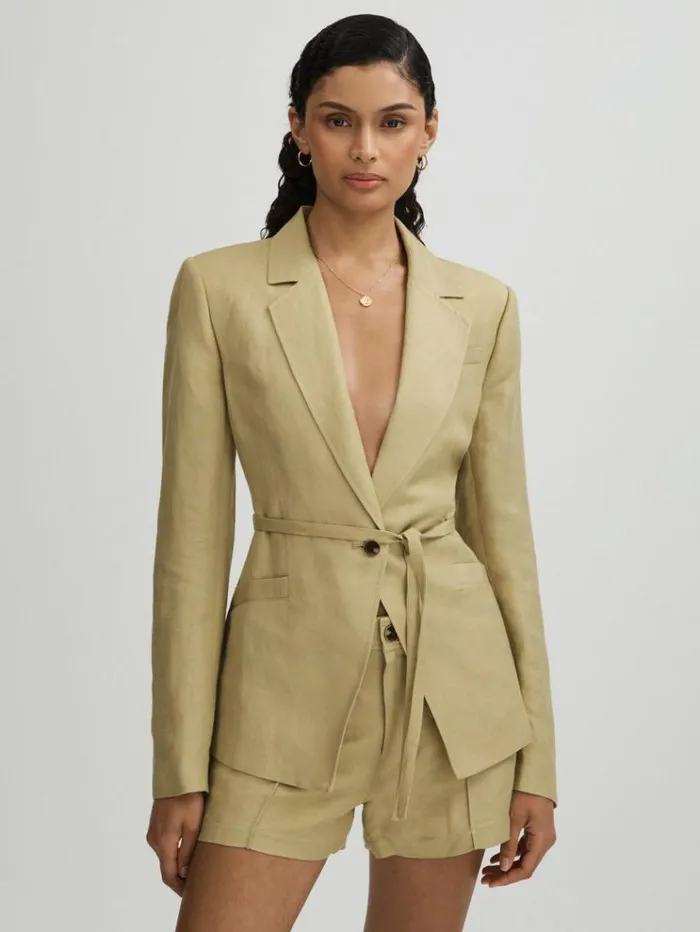 REISS Suits and Tailoring Women Paige Linen Blend Belted Single Breasted Suit Blazer Olive REISS Suits and Tailoring Women Paige Linen Blend Belted Single Breasted Suit Blazer Olive