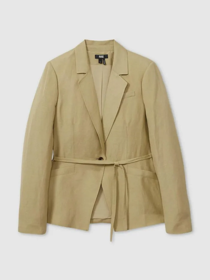 REISS Suits and Tailoring Women Paige Linen Blend Belted Single Breasted Suit Blazer Olive