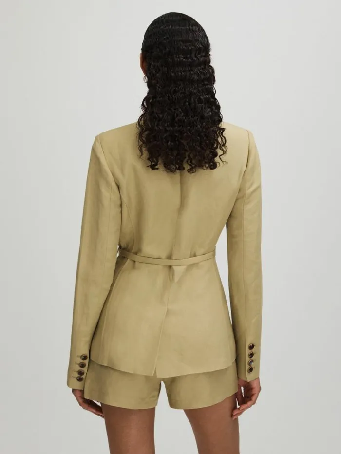 REISS Suits and Tailoring Women Paige Linen Blend Belted Single Breasted Suit Blazer Olive