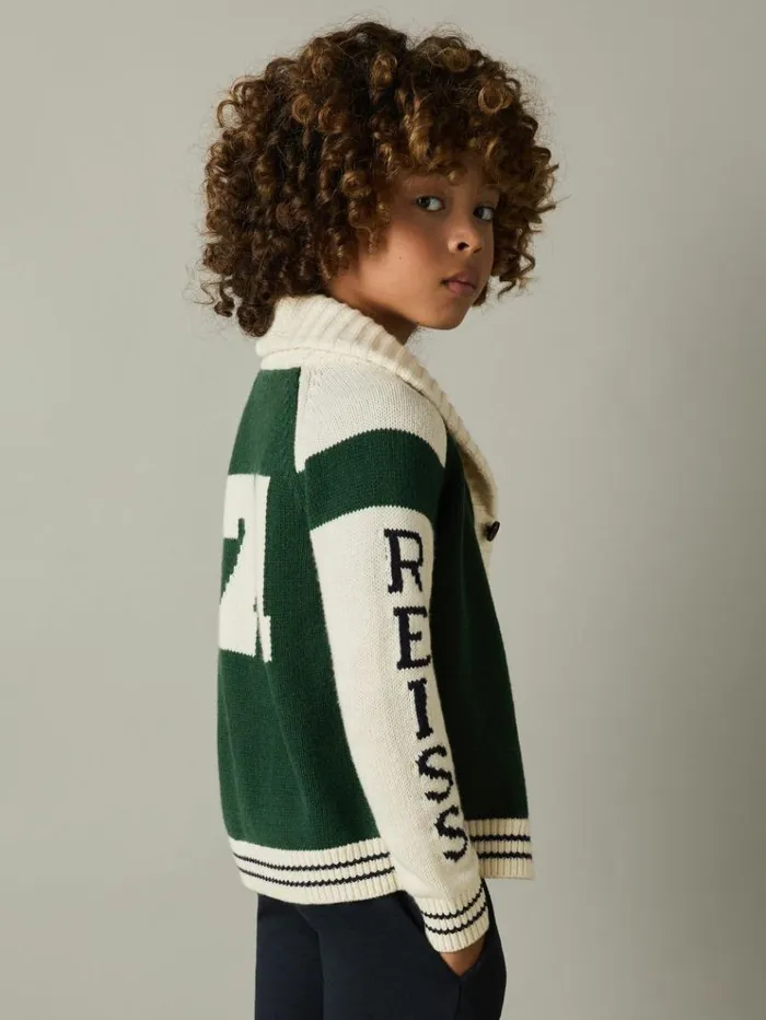 REISS Sweaters Children Knitted Varsity Cardigan Greenoffwhite