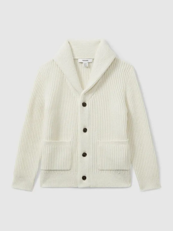 REISS Sweaters Children Shawl Collar Cardigan With Cotton And Wool Off White