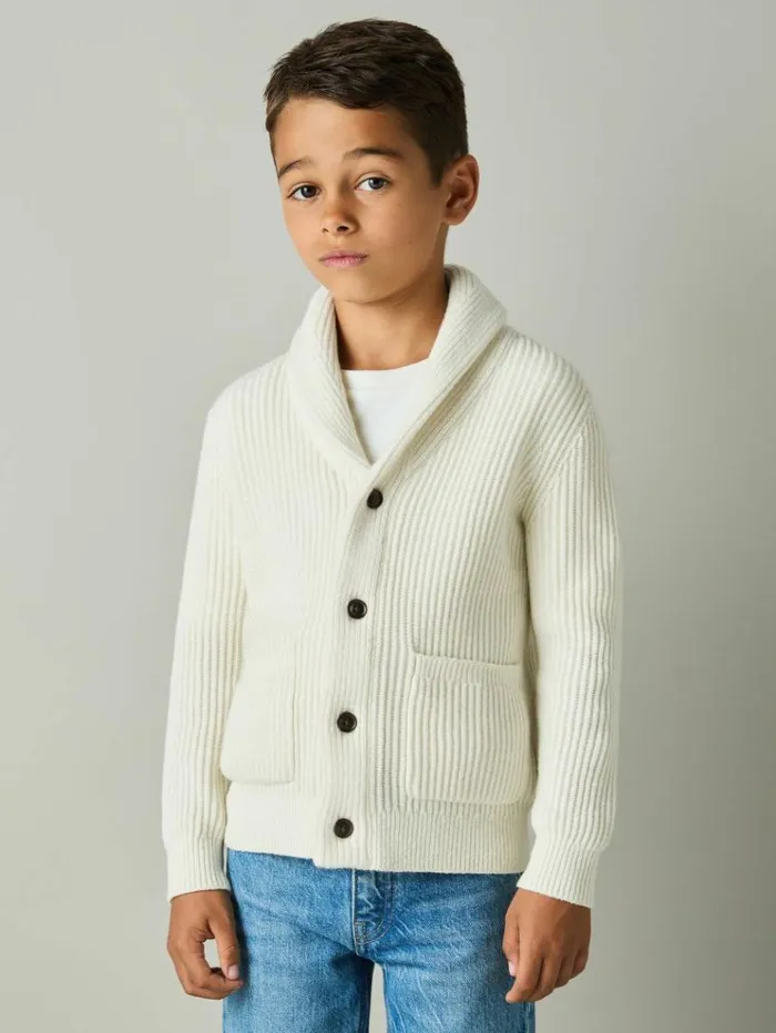 REISS Sweaters Children Shawl Collar Cardigan With Cotton And Wool Off White
