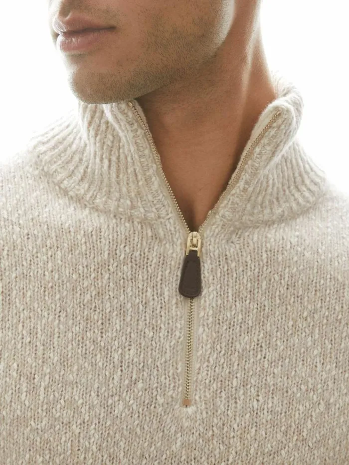 REISS Sweaters Men Marled Cotton And Wool Funnel Neck Jumper Oatmealwhite