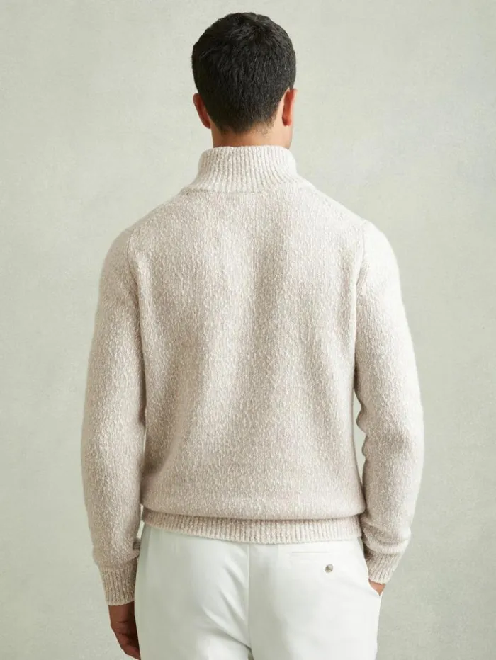 REISS Sweaters Men Marled Cotton And Wool Funnel Neck Jumper Oatmealwhite