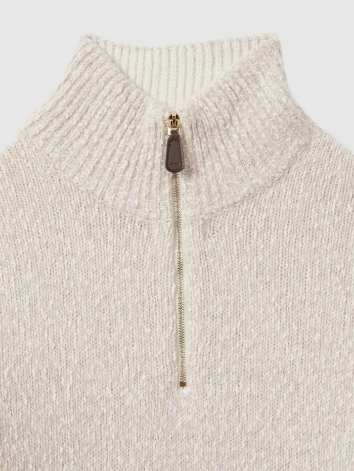 REISS Sweaters Men Marled Cotton And Wool Funnel Neck Jumper Oatmealwhite