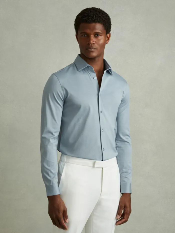 REISS Sweaters Men Mercerised Cotton Jersey Shirt Soft Blue