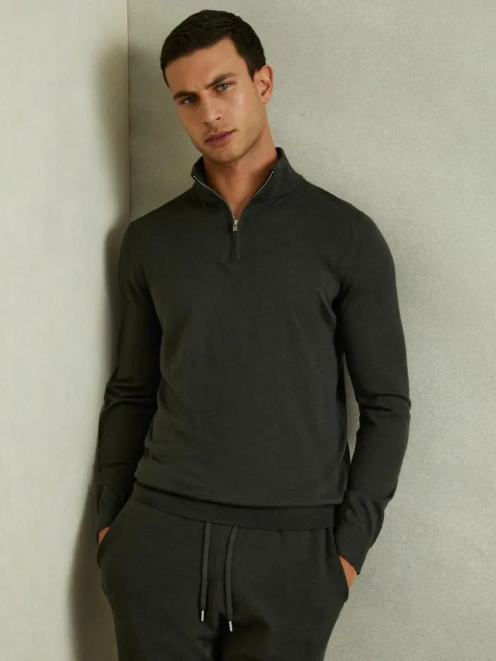 REISS Sweaters Men Merino Wool HalfZip Funnel Neck Jumper Dark Military Green REISS Sweaters Men Merino Wool HalfZip Funnel Neck Jumper Dark Military Green