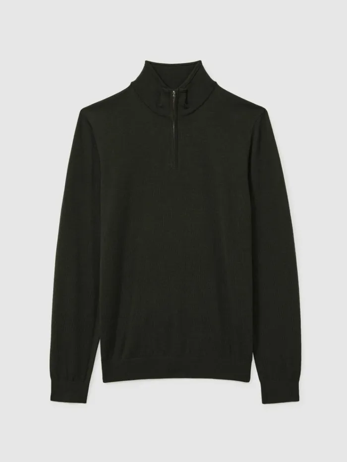 REISS Sweaters Men Merino Wool HalfZip Funnel Neck Jumper Dark Military Green