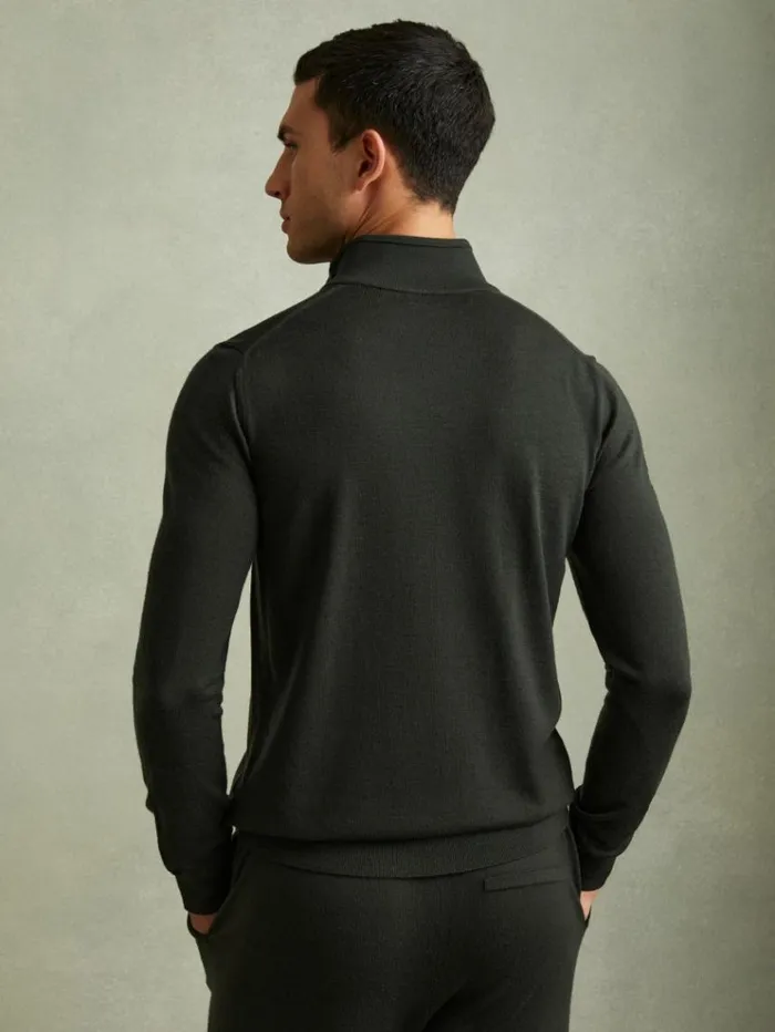 REISS Sweaters Men Merino Wool HalfZip Funnel Neck Jumper Dark Military Green