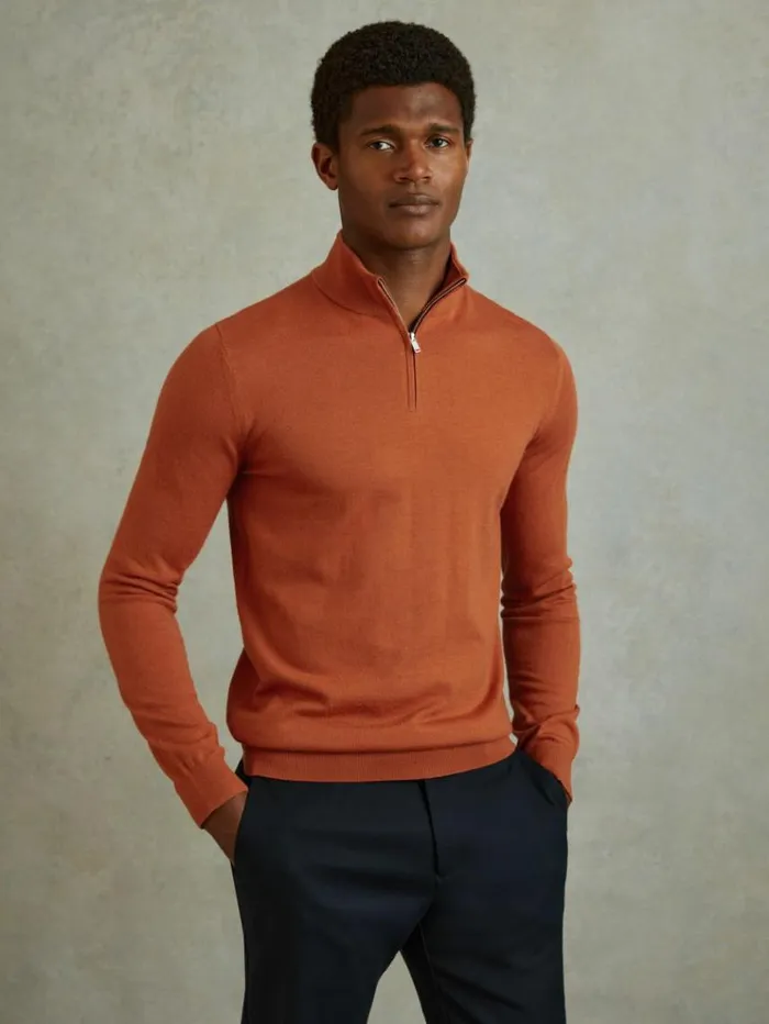 REISS Sweaters Men Merino Wool HalfZip Funnel Neck Jumper Hot Orange