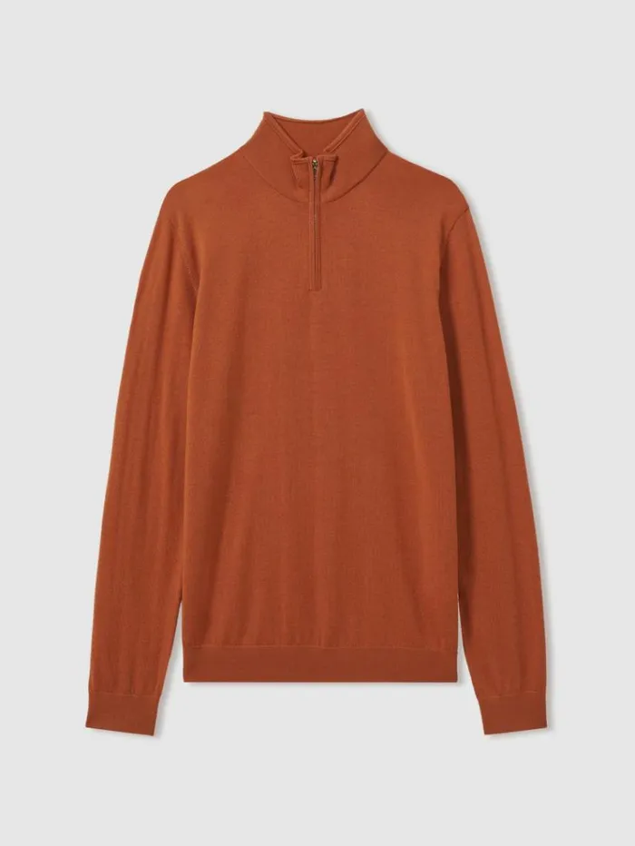 REISS Sweaters Men Merino Wool HalfZip Funnel Neck Jumper Hot Orange