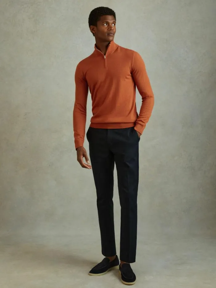 REISS Sweaters Men Merino Wool HalfZip Funnel Neck Jumper Hot Orange
