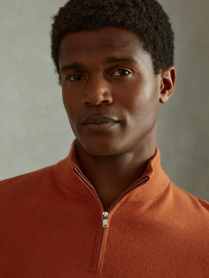 REISS Sweaters Men Merino Wool HalfZip Funnel Neck Jumper Hot Orange