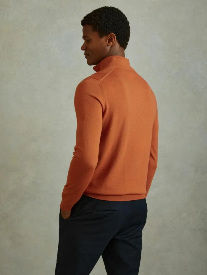 REISS Sweaters Men Merino Wool HalfZip Funnel Neck Jumper Hot Orange
