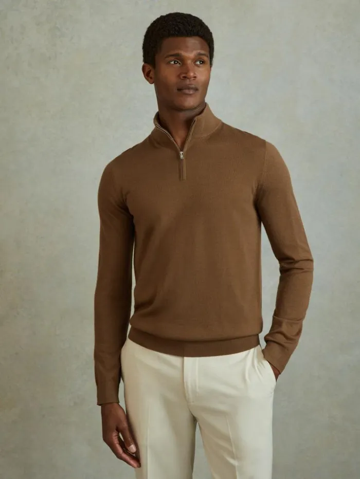 REISS Sweaters Men Merino Wool HalfZip Funnel Neck Jumper Tobacco Brown
