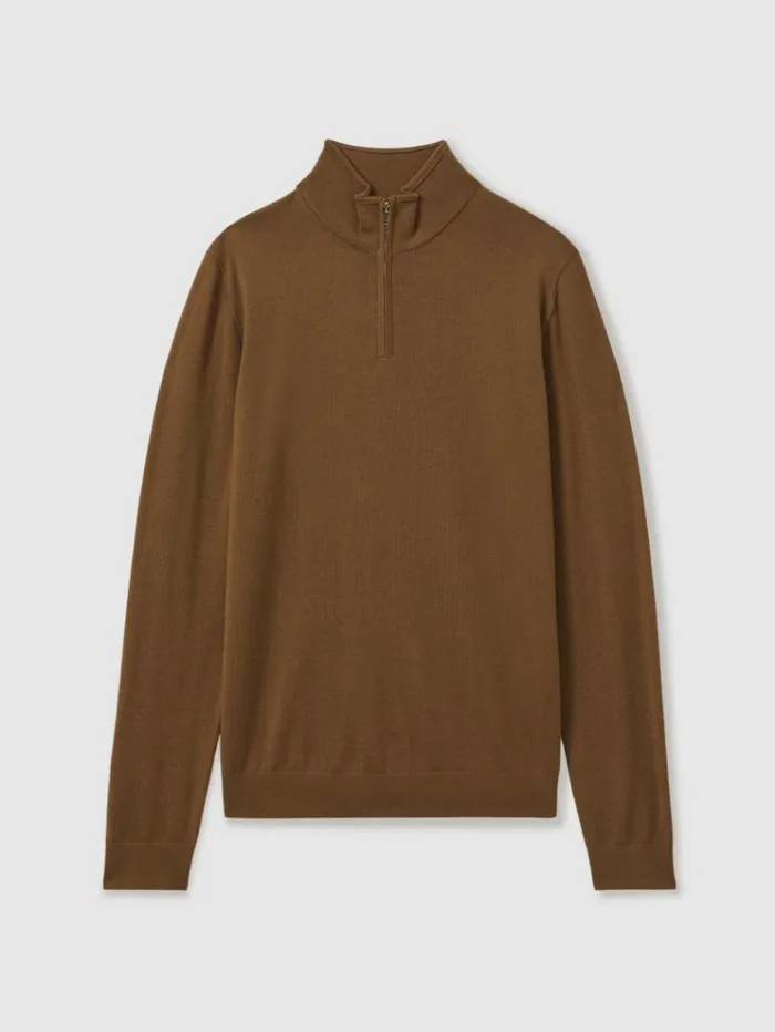 REISS Sweaters Men Merino Wool HalfZip Funnel Neck Jumper Tobacco Brown