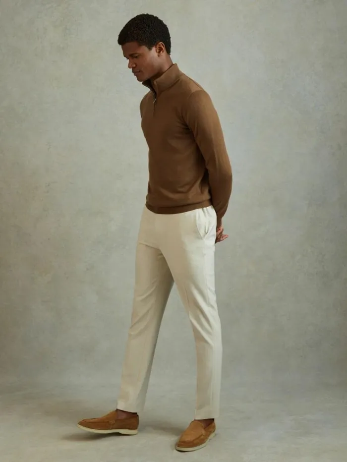 REISS Sweaters Men Merino Wool HalfZip Funnel Neck Jumper Tobacco Brown