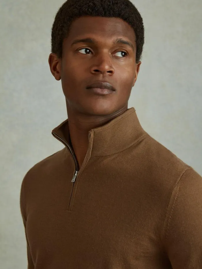 REISS Sweaters Men Merino Wool HalfZip Funnel Neck Jumper Tobacco Brown