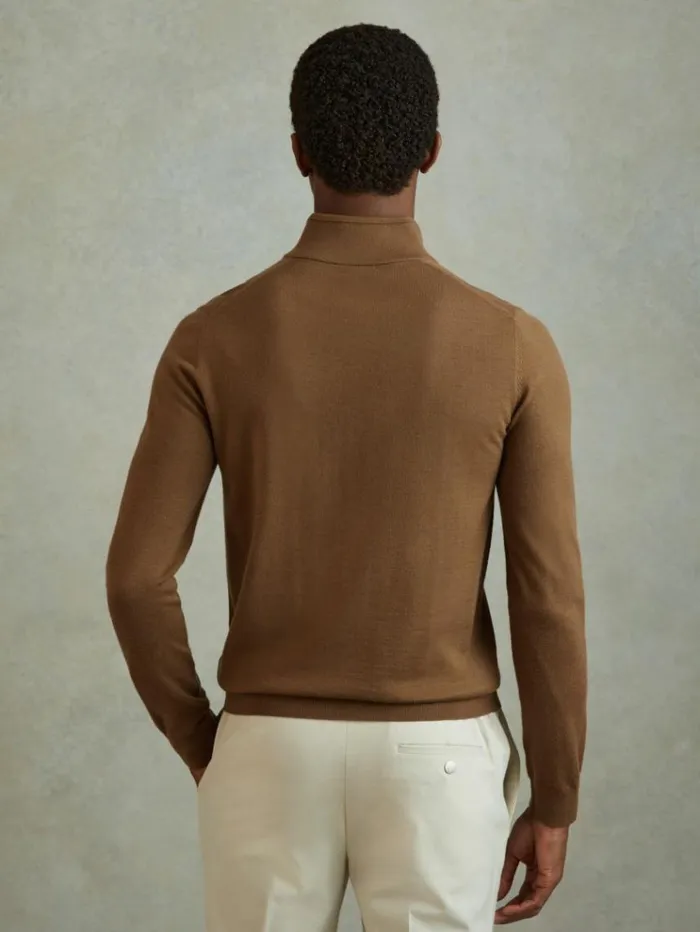 REISS Sweaters Men Merino Wool HalfZip Funnel Neck Jumper Tobacco Brown
