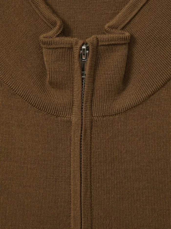 REISS Sweaters Men Merino Wool HalfZip Funnel Neck Jumper Tobacco Brown