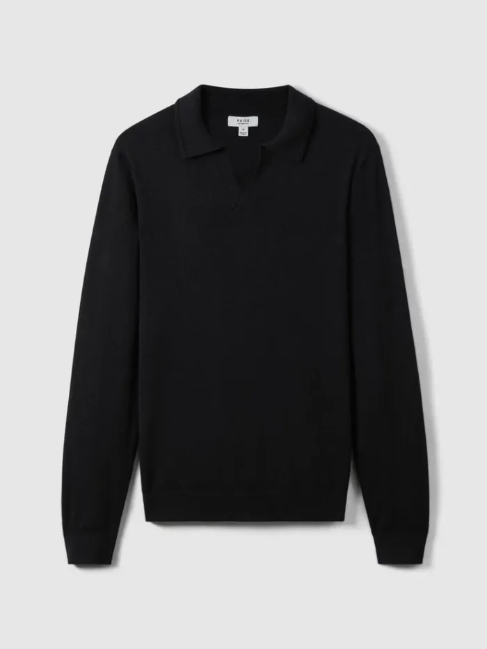 REISS Sweaters Men Merino Wool Open Collar Polo Shirt Navy