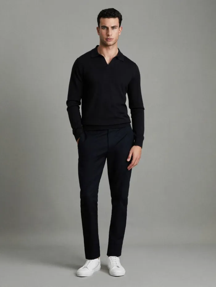 REISS Sweaters Men Merino Wool Open Collar Polo Shirt Navy